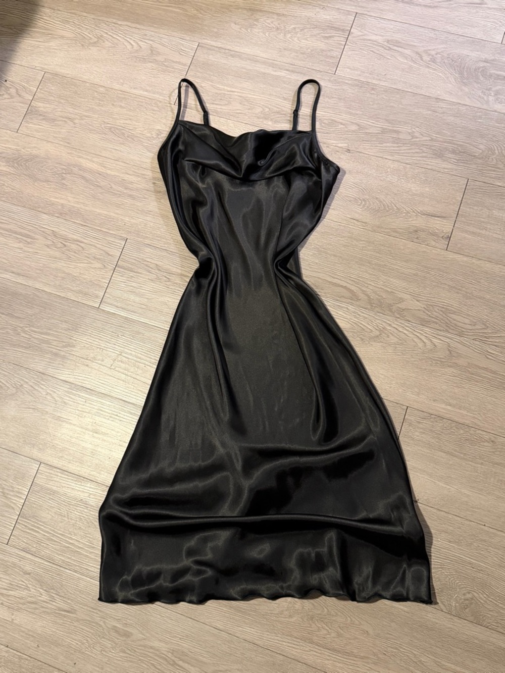 Black Bebe satin slip dress with cowl neckline